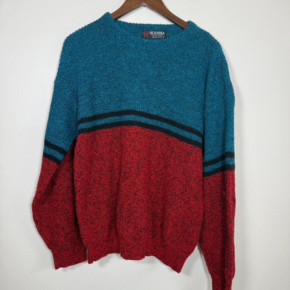 Scandia Vintage Colorblock Marled Knit Crewneck Sweater Size Large Teal Red